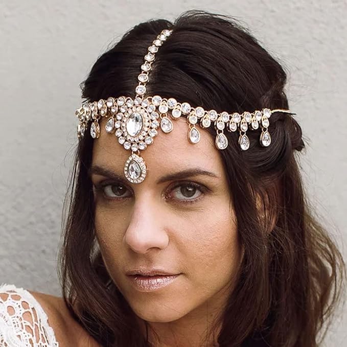 波西米亚风奢华水晶头链头饰额头泪滴水钻发链新娘节日发饰适合女士